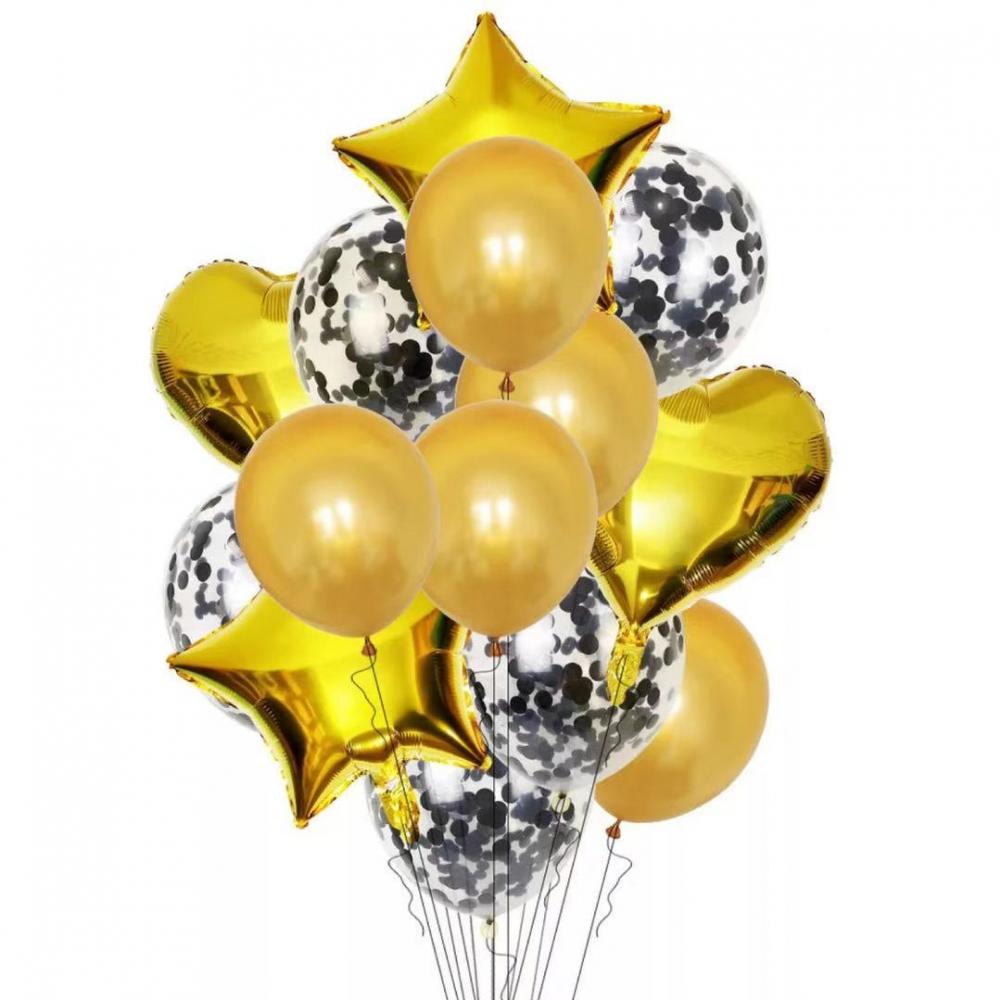 Foil Balloon Star Heart Gold Black  (14pcs)